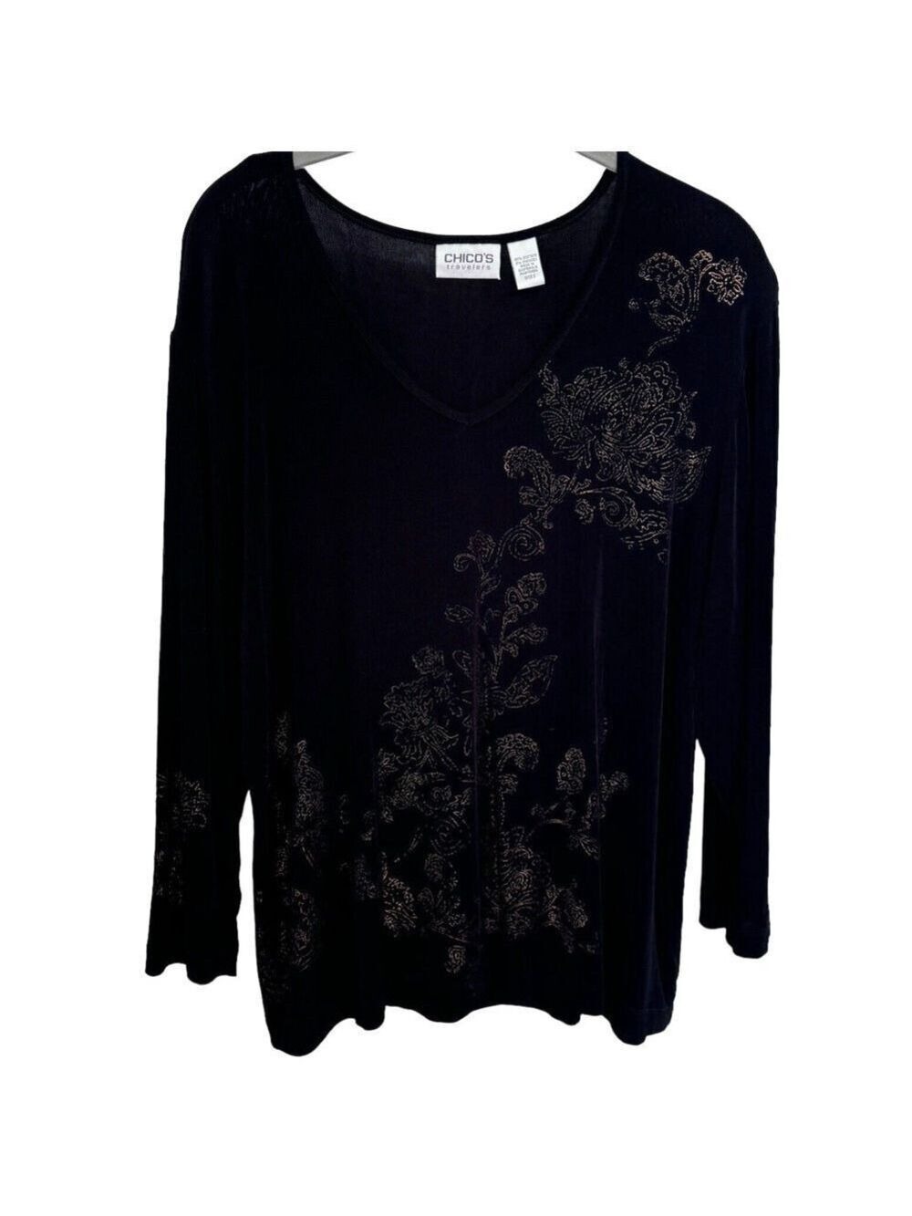 Chico's Travelers Black Slinky Top V Neck Painted Metallic Floral Sz 3/XL